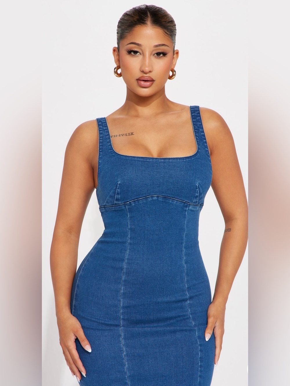 Fashion Nova Blue Denim Square-Neck Midi Dress - Picture 2 of 5